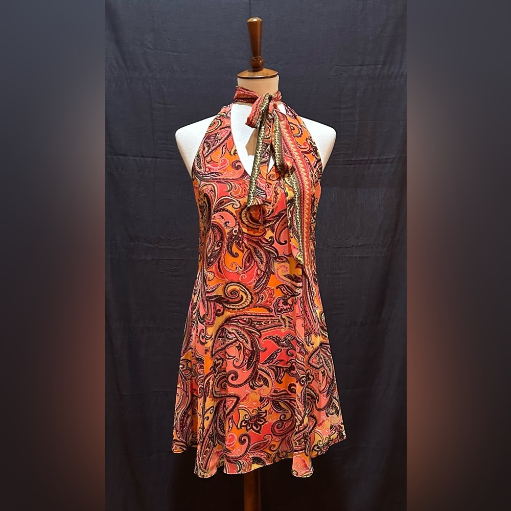 Atina Bright paisley swing dress with neck tie SZ Small